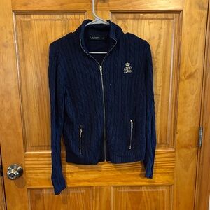 Ralph Lauren Navy Cable-Knit Zip Front Jacket with Gold Accents